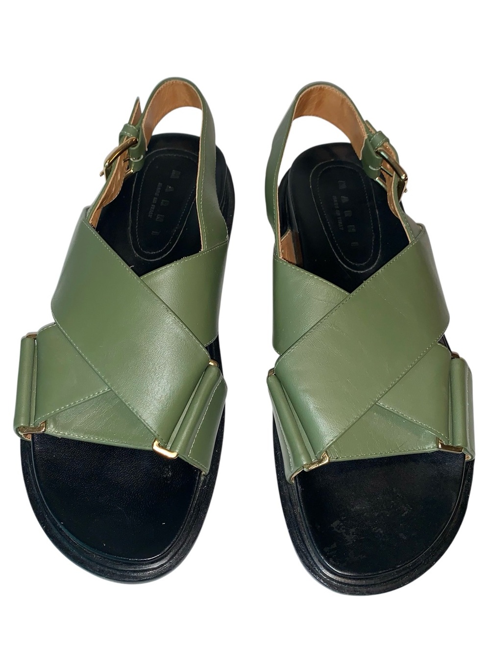 Marni Fussbett Leather Sandals Crisscross Strap Slingback Olive 40/10